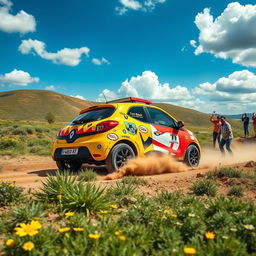 A vibrant and exciting scene featuring a Renault Twingo 1, modified for a fun raid adventure, driving through a picturesque landscape