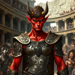 A slender male tiefling gladiator with vivid red skin and short brown hair, showcasing a lean athletic physique