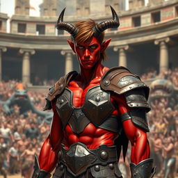 A slender male tiefling gladiator with vivid red skin and short brown hair, showcasing a lean athletic physique