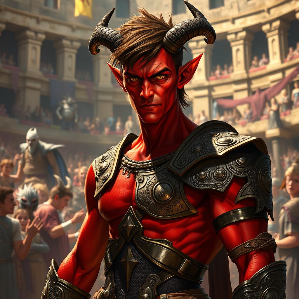 A slender male tiefling gladiator with vivid red skin and short brown hair, showcasing a lean athletic physique