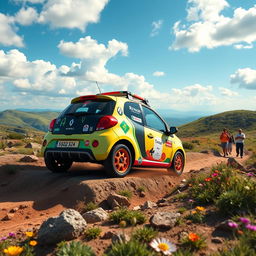 A vibrant and energetic depiction of a Renault Twingo 1, specially modified for a fun raid, speeding through a breathtaking landscape filled with diverse terrains