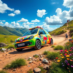 A vibrant and energetic depiction of a Renault Twingo 1, specially modified for a fun raid, speeding through a breathtaking landscape filled with diverse terrains