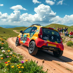 A vibrant and energetic depiction of a Renault Twingo 1, specially modified for a fun raid, speeding through a breathtaking landscape filled with diverse terrains