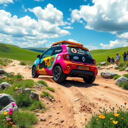 A vibrant and energetic depiction of a Renault Twingo 1, specially modified for a fun raid, speeding through a breathtaking landscape filled with diverse terrains