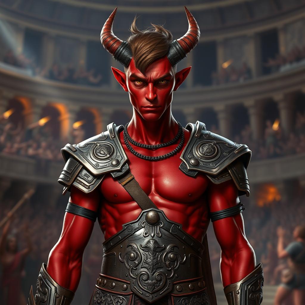 A slender male tiefling gladiator with striking red skin and short brown hair, showcasing a toned physique that highlights his agility