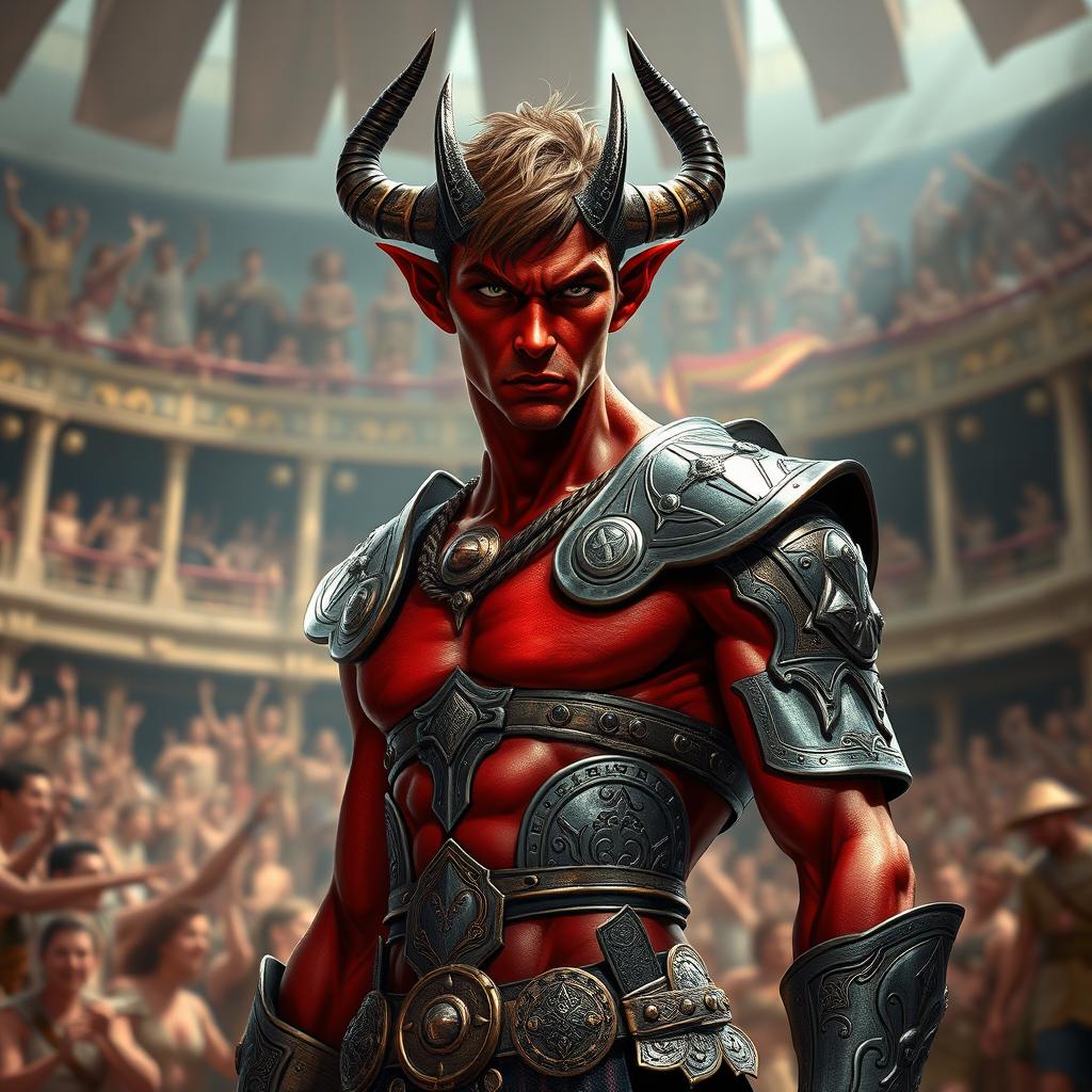 A slender male tiefling gladiator with striking red skin and short brown hair, showcasing a toned physique that highlights his agility