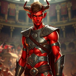 A slender male tiefling gladiator with striking red skin and short brown hair, showcasing a toned physique that highlights his agility