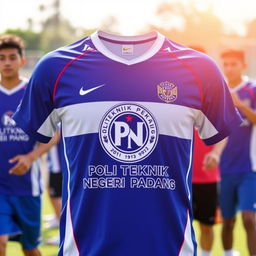 A vibrant and stylish sports jersey featuring the logo of Politeknik Negeri Padang prominently displayed on the front