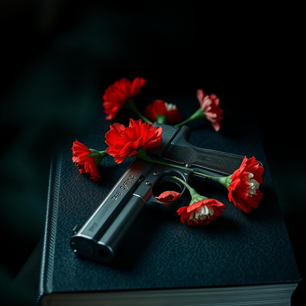 A dark and atmospheric book cover featuring a vintage pistol elegantly entwined with blooming carnations