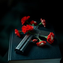 A dark and atmospheric book cover featuring a vintage pistol elegantly entwined with blooming carnations