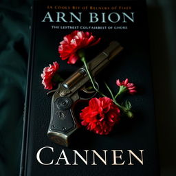 A dark and atmospheric book cover featuring a vintage pistol elegantly entwined with blooming carnations