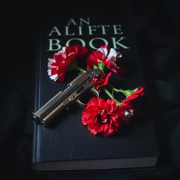 A dark and atmospheric book cover featuring a vintage pistol elegantly entwined with blooming carnations