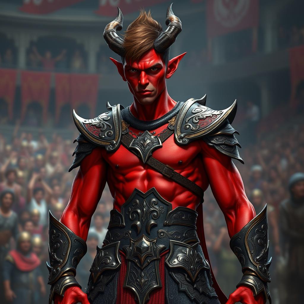 A slender male tiefling gladiator with bright red skin and short brown hair, exhibiting a toned and agile physique