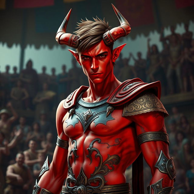 A slender male tiefling gladiator with bright red skin and short brown hair, exhibiting a toned and agile physique