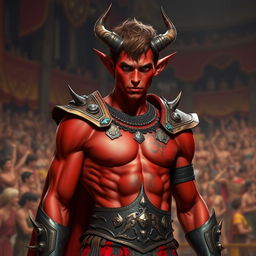 A slender male tiefling gladiator with bright red skin and short brown hair, exhibiting a toned and agile physique