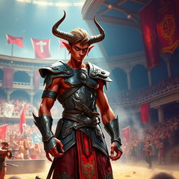 A slender male tiefling gladiator, characterized by his vibrant red skin and short brown hair, displayed in a dynamic fantasy style