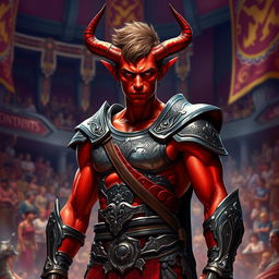 A slender male tiefling gladiator, characterized by his vibrant red skin and short brown hair, displayed in a dynamic fantasy style