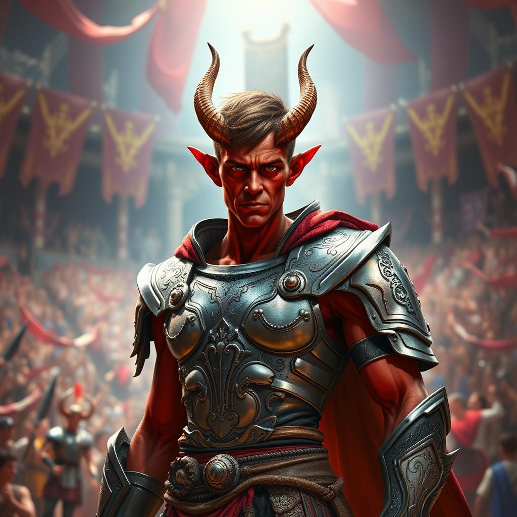 A slender male tiefling gladiator, characterized by his vibrant red skin and short brown hair, displayed in a dynamic fantasy style