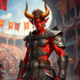 A slender male tiefling gladiator, characterized by his vibrant red skin and short brown hair, displayed in a dynamic fantasy style