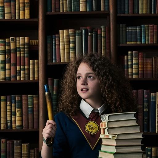 Hermione Granger radiating determination, with curly brown hair, holding a wand in one hand and a stack of magical books in another, dressed in her Hogwarts uniform, with Gryffindor emblem; amidst the towering bookshelves of Hogwarts library.