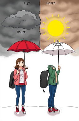 A scene depicting two characters holding umbrellas—one standing under dark, stormy clouds symbolizing doubt and conflict, the other under a bright, clear sky representing hope and happiness