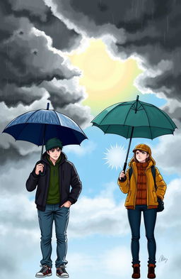 A scene depicting two characters holding umbrellas—one standing under dark, stormy clouds symbolizing doubt and conflict, the other under a bright, clear sky representing hope and happiness