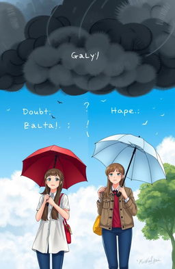 A scene depicting two characters holding umbrellas—one standing under dark, stormy clouds symbolizing doubt and conflict, the other under a bright, clear sky representing hope and happiness