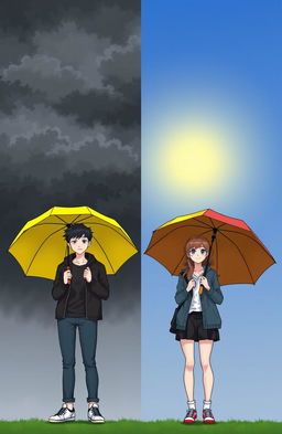 A scene depicting two characters holding umbrellas—one standing under dark, stormy clouds symbolizing doubt and conflict, the other under a bright, clear sky representing hope and happiness