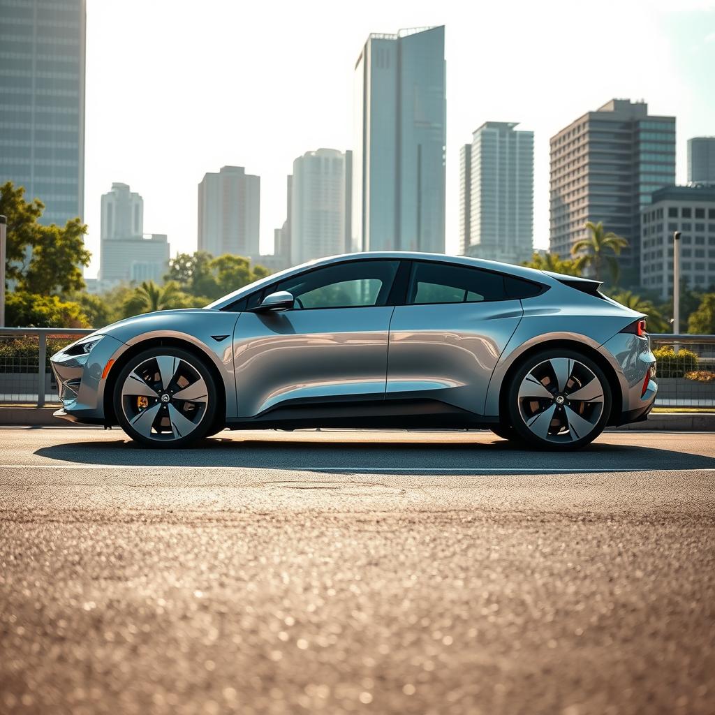 A stunning and sleek electric car parked in a modern urban setting