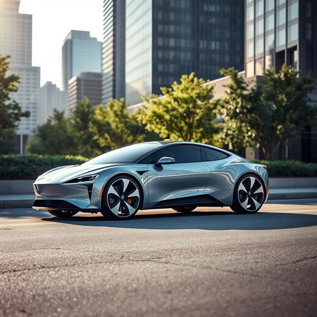 A stunning and sleek electric car parked in a modern urban setting