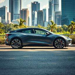 A stunning and sleek electric car parked in a modern urban setting