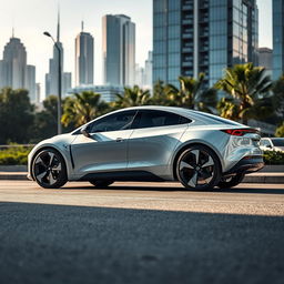 A stunning and sleek electric car parked in a modern urban setting