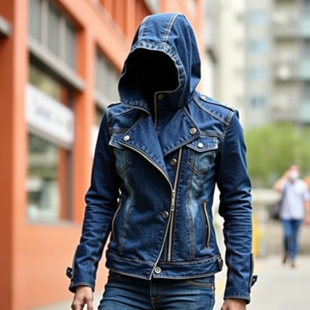 A stylish and cool blue denim motorcycle jacket featuring a unique design with a sleek fit