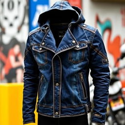 A stylish and cool blue denim motorcycle jacket featuring a unique design with a sleek fit