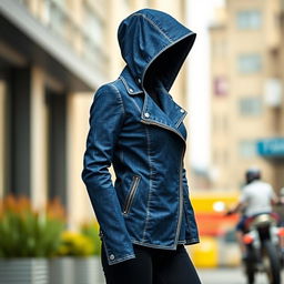 A stylish and cool blue denim motorcycle jacket featuring a unique design with a sleek fit