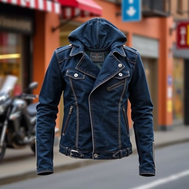 A stylish and cool blue denim motorcycle jacket featuring a unique design with a sleek fit