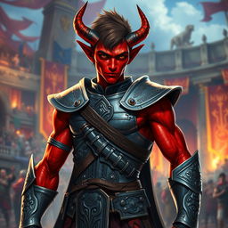 A slender male tiefling warrior with vivid red skin and short brown hair, dressed in light gladiator armor designed for agility and speed in a fantasy setting