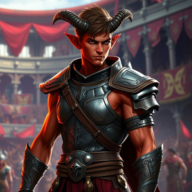 A slender male tiefling warrior with vivid red skin and short brown hair, dressed in light gladiator armor designed for agility and speed in a fantasy setting