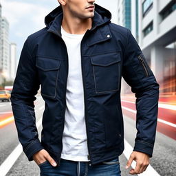 A fashionable and trendy men's motorcycle jacket made from sleek parachute material, featuring a modern design and a comfortable fit