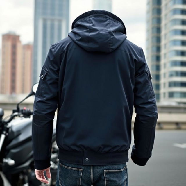 A fashionable and trendy men's motorcycle jacket made from sleek parachute material, featuring a modern design and a comfortable fit