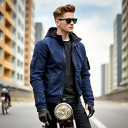 A fashionable and trendy men's motorcycle jacket made from sleek parachute material, featuring a modern design and a comfortable fit