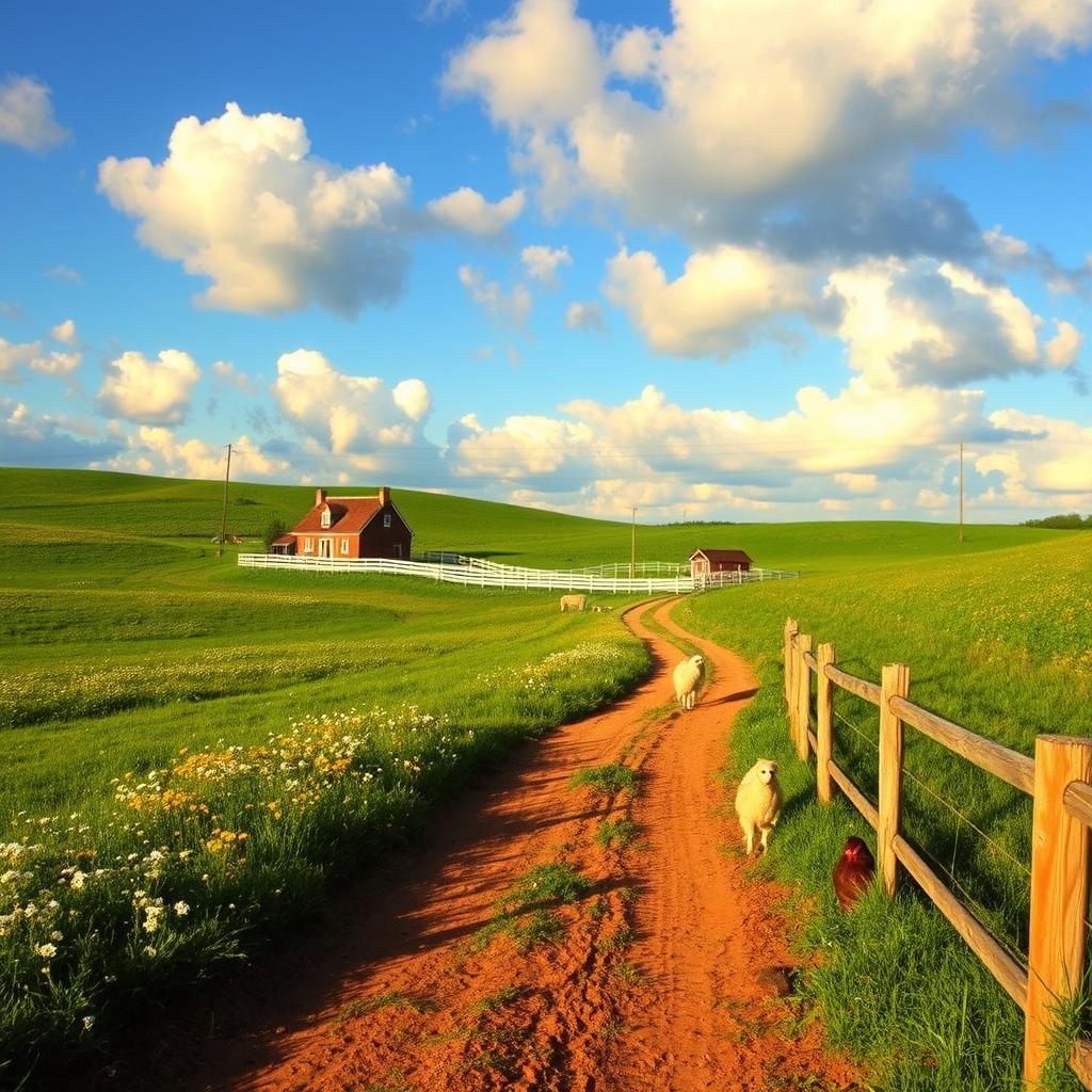 A serene rural landscape, featuring rolling green hills dotted with wildflowers, a quaint farmhouse surrounded by a white picket fence, and a beautiful blue sky with fluffy white clouds