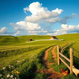 A serene rural landscape, featuring rolling green hills dotted with wildflowers, a quaint farmhouse surrounded by a white picket fence, and a beautiful blue sky with fluffy white clouds