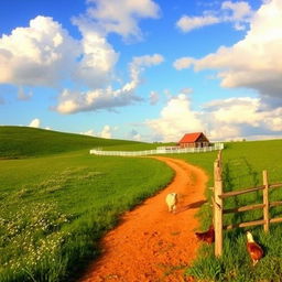 A serene rural landscape, featuring rolling green hills dotted with wildflowers, a quaint farmhouse surrounded by a white picket fence, and a beautiful blue sky with fluffy white clouds