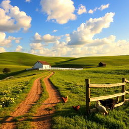 A serene rural landscape, featuring rolling green hills dotted with wildflowers, a quaint farmhouse surrounded by a white picket fence, and a beautiful blue sky with fluffy white clouds