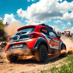 An exhilarating scene featuring a Renault Twingo 1, specially modified for a fun raid, showcasing a striking color scheme of red, black, and white