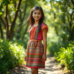 A fashionable Iranian girl, elegantly styled, wearing a short skirt combined with a traditional village dress made from vibrant fabrics showcasing intricate patterns