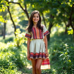 A fashionable Iranian girl, elegantly styled, wearing a short skirt combined with a traditional village dress made from vibrant fabrics showcasing intricate patterns