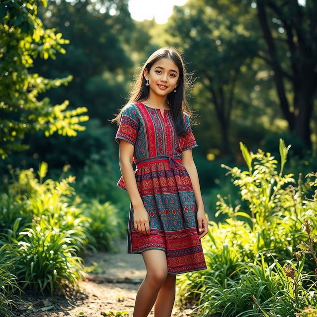 A fashionable Iranian girl, elegantly styled, wearing a short skirt combined with a traditional village dress made from vibrant fabrics showcasing intricate patterns