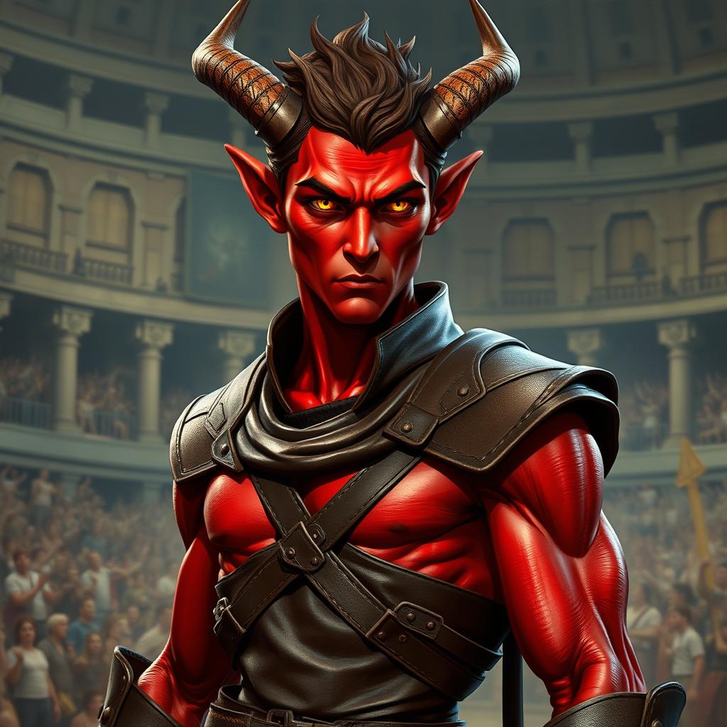 A slender male tiefling gladiator with striking red skin and short brown hair, featuring piercing yellow eyes that exude confidence and determination